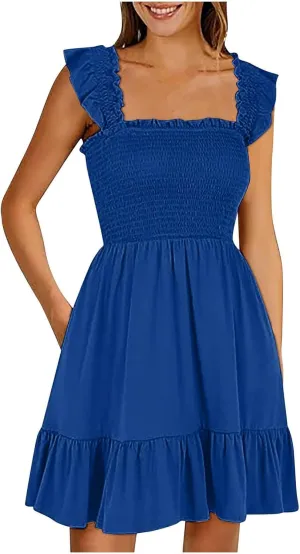 Women Summer Casual Sleeveless Square Neck Smocked Ruffle Backless Boho Mini Dress Flowy Beach Cute Swing Dress