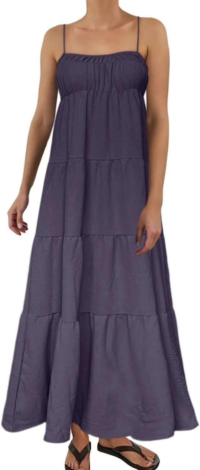 Women Summer Dresses Spaghetti Strap Scoop Neck Smocked Ruffle Loose Flowy Boho Sleeveless Backless Beach Maxi Long Dress