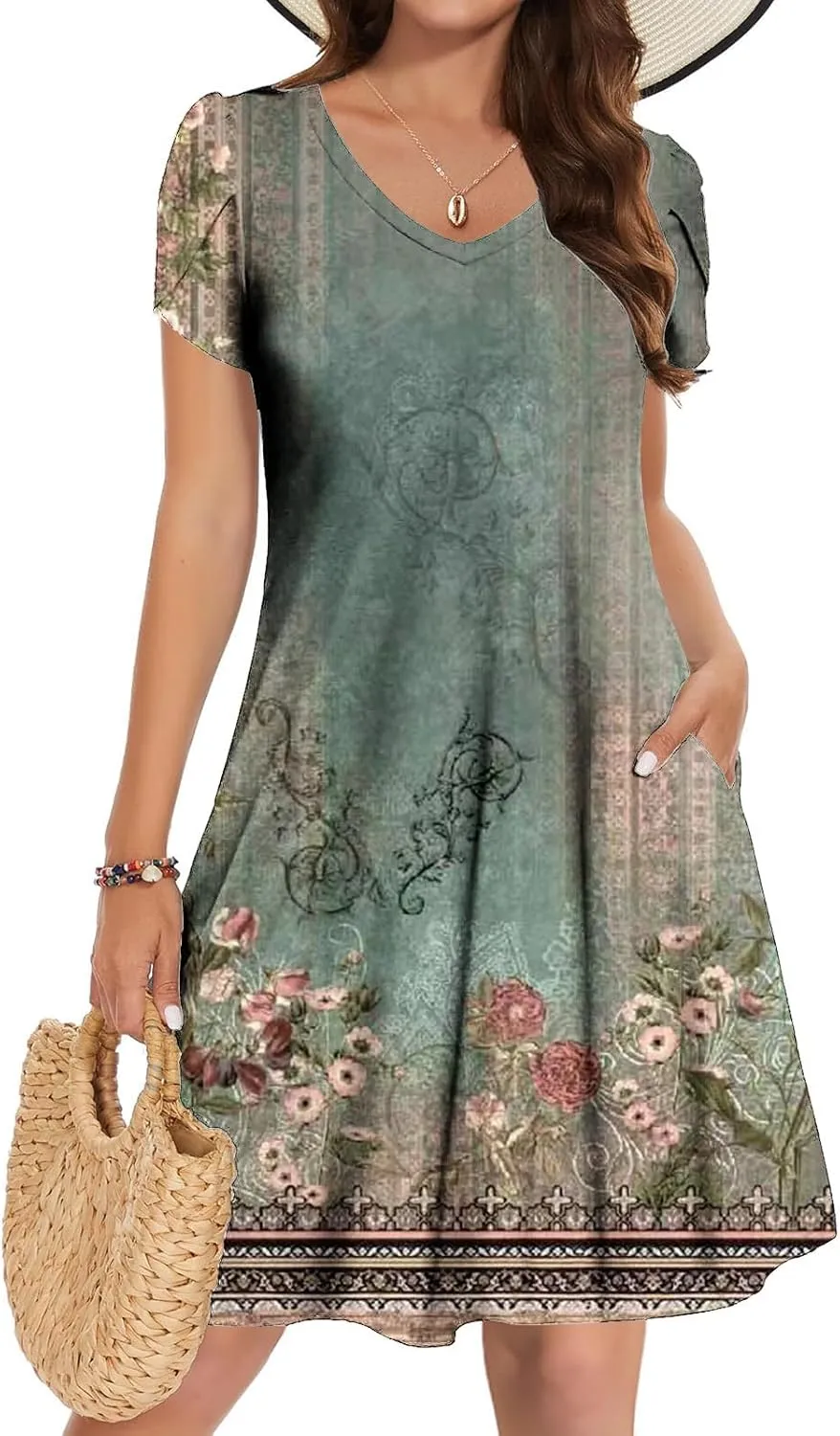 Women Summer Mini A Line Dress Short Sleeve Casual Flowy Tiered Beach Long Sundress 2025 Vacation Travel with Pockets