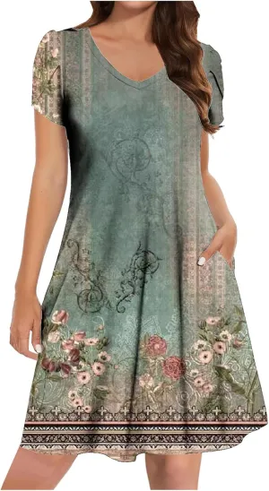 Women Summer Mini A Line Dress Short Sleeve Casual Flowy Tiered Beach Long Sundress 2025 Vacation Travel with Pockets