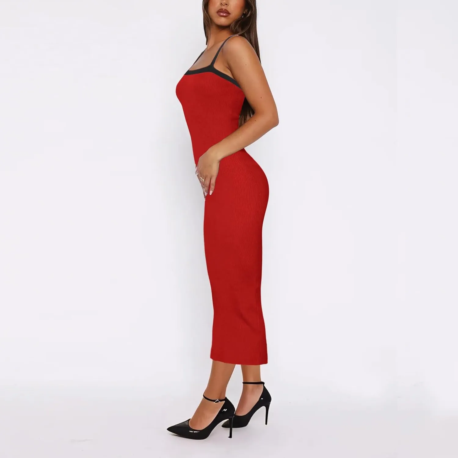 Women Summer Ribbed Knit Dress,Square Spring Sleeveless Bodycon Vacation Long Fitted Beach Casual Sundress
