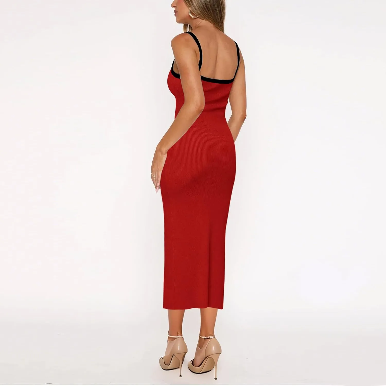 Women Summer Ribbed Knit Dress,Square Spring Sleeveless Bodycon Vacation Long Fitted Beach Casual Sundress