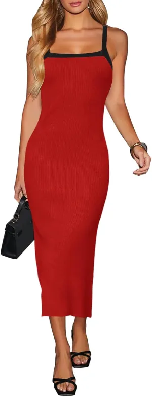 Women Summer Ribbed Knit Dress,Square Spring Sleeveless Bodycon Vacation Long Fitted Beach Casual Sundress