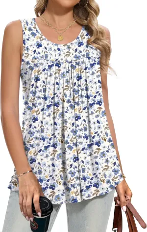 Women Tank Tops 2025 Summer Sleeveless Top Pleated Round Neck Flowy Shirts M-3X
