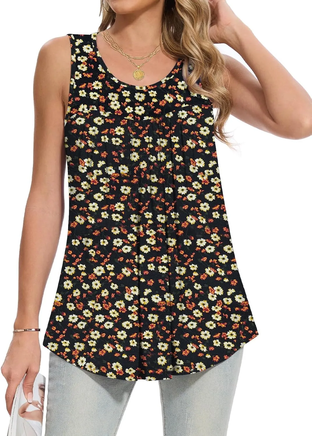 Women Tank Tops 2025 Summer Sleeveless Top Pleated Round Neck Flowy Shirts M-3X