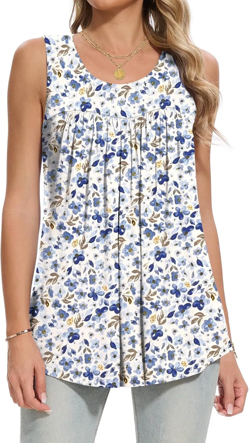 Women Tank Tops 2025 Summer Sleeveless Top Pleated Round Neck Flowy Shirts M-3X