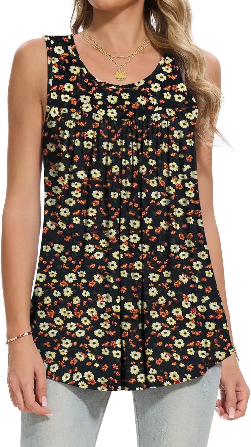 Women Tank Tops 2025 Summer Sleeveless Top Pleated Round Neck Flowy Shirts M-3X