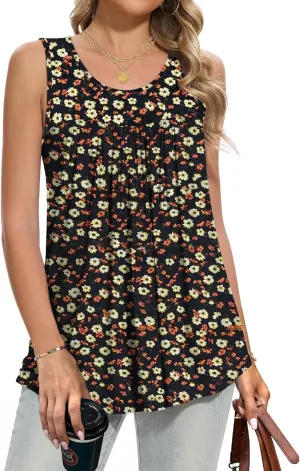 Women Tank Tops 2025 Summer Sleeveless Top Pleated Round Neck Flowy Shirts M-3X