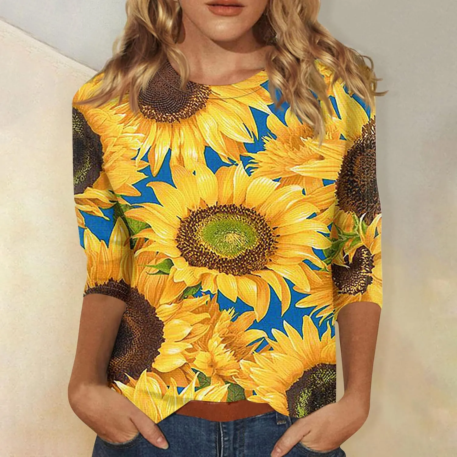 Women Tops Women's Casual 3/4 Length Sleeve Tunic Tops Casual Sunflower Print Loose Blouse Shirts with Leggings