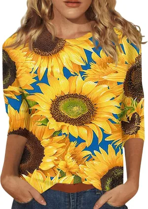 Women Tops Women's Casual 3/4 Length Sleeve Tunic Tops Casual Sunflower Print Loose Blouse Shirts with Leggings