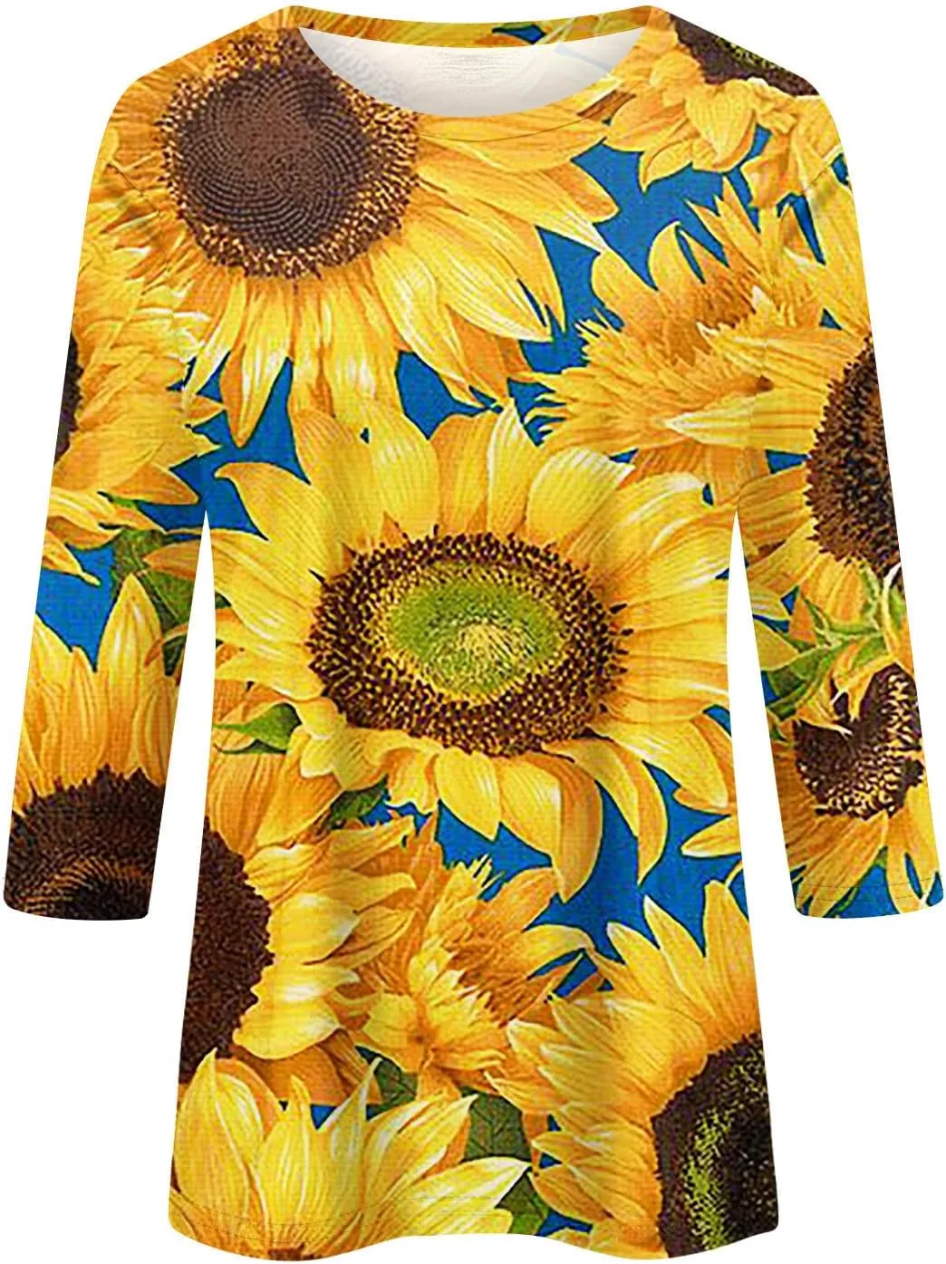 Women Tops Women's Casual 3/4 Length Sleeve Tunic Tops Casual Sunflower Print Loose Blouse Shirts with Leggings