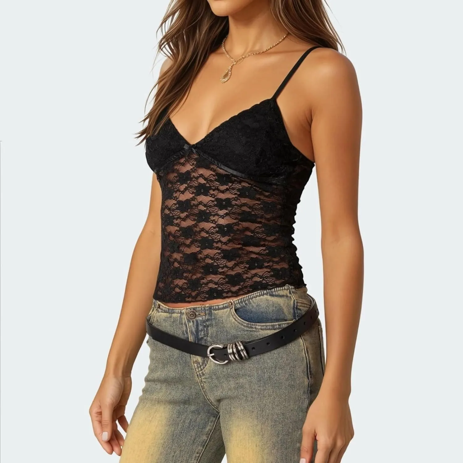 Women V Neck Sheer Lace Crop Camisole Spaghetti Strap Y2k Slim Fit Bow Knot See Through Tank Top Summer E-Girls