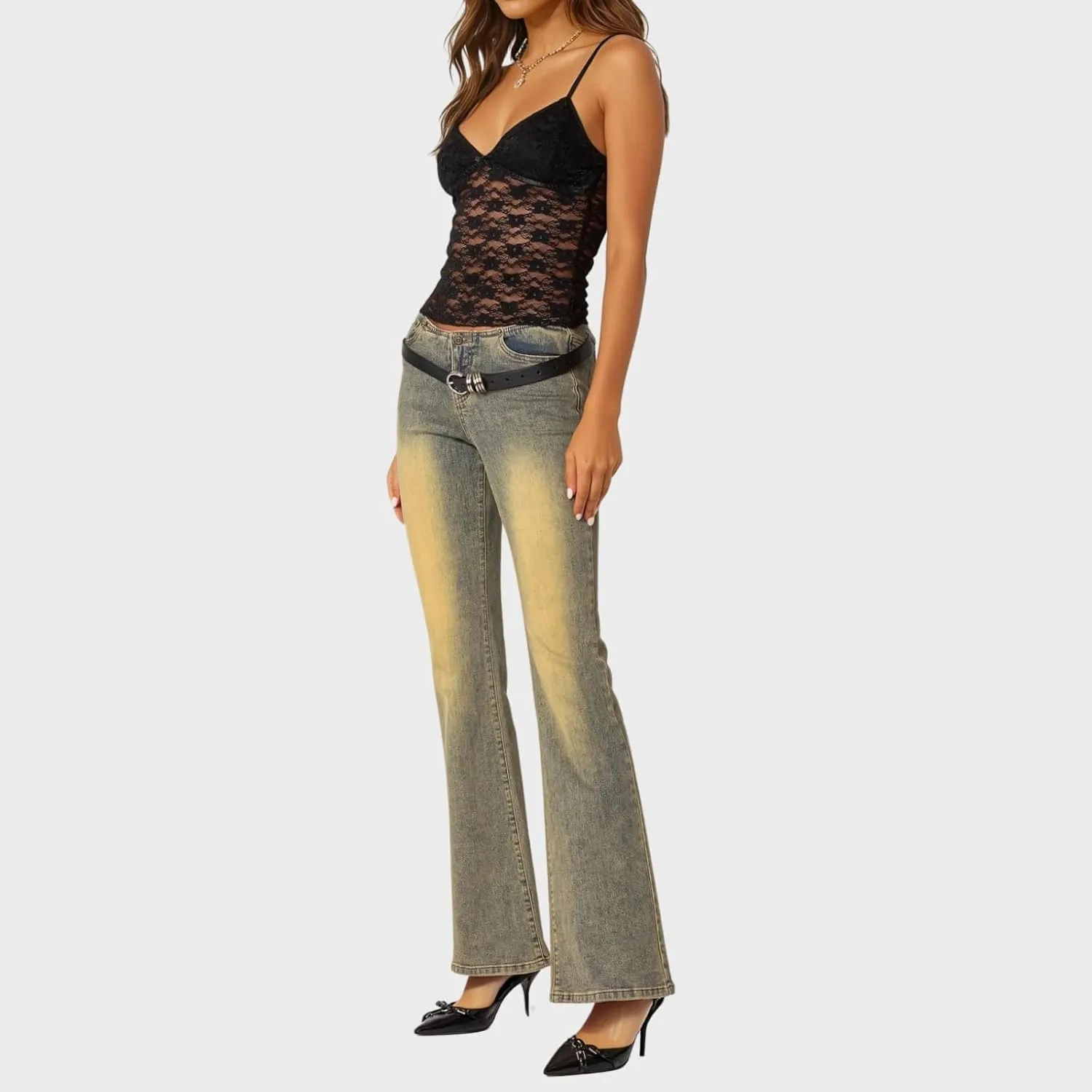 Women V Neck Sheer Lace Crop Camisole Spaghetti Strap Y2k Slim Fit Bow Knot See Through Tank Top Summer E-Girls