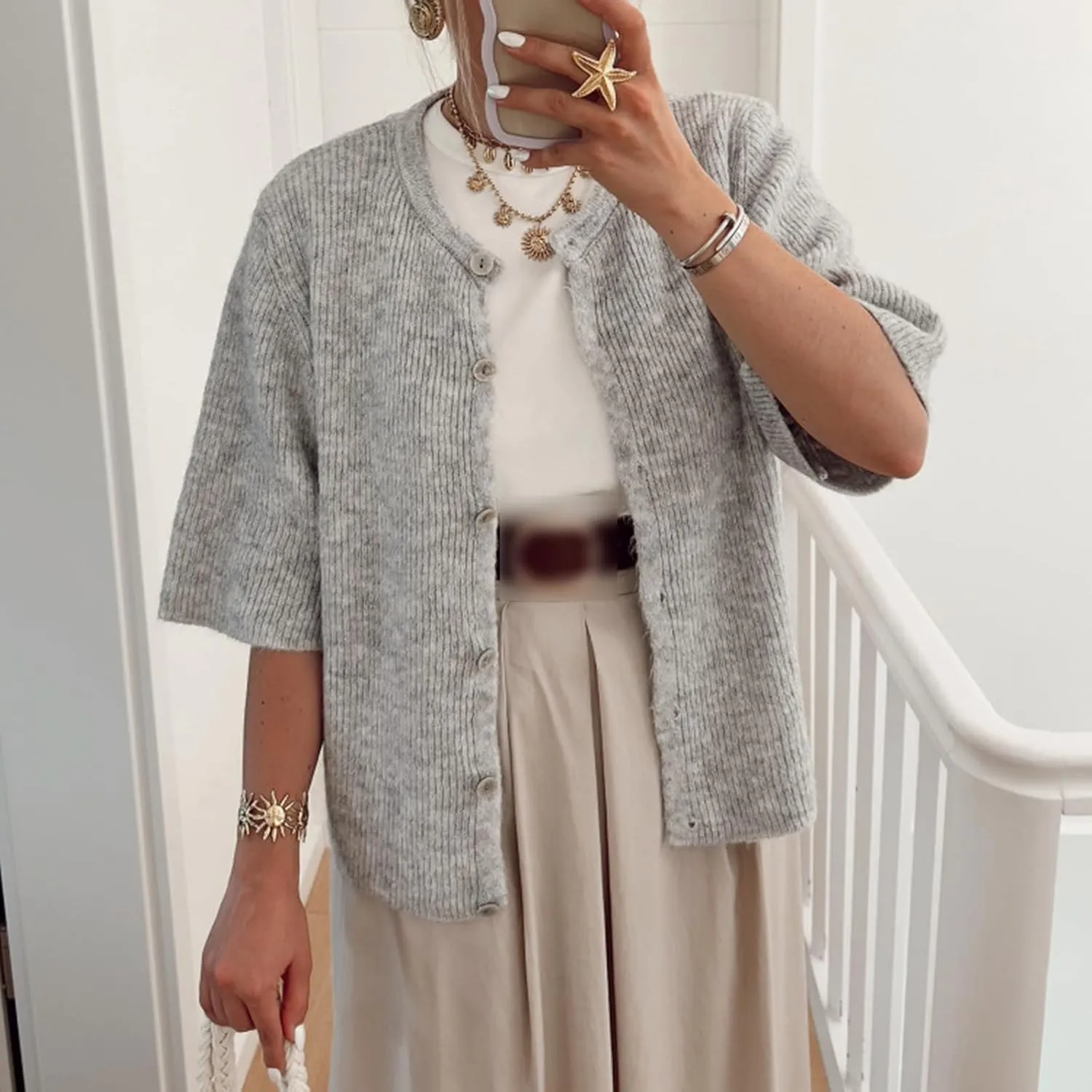 Women Y2K Button Down Sweater Cardigan Knit Crew Neck Short Sleeve Open Front Sweater Lightweight Knitwear Crop Top
