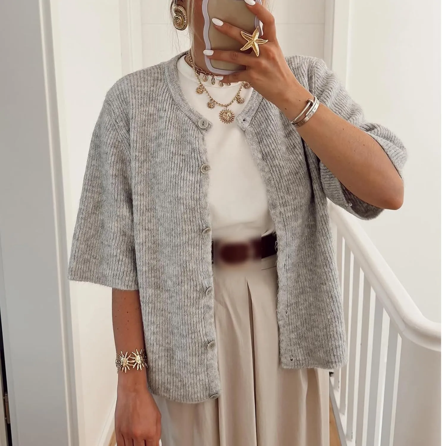 Women Y2K Button Down Sweater Cardigan Knit Crew Neck Short Sleeve Open Front Sweater Lightweight Knitwear Crop Top