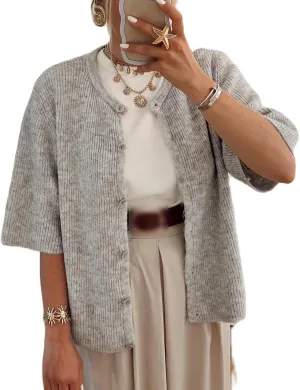 Women Y2K Button Down Sweater Cardigan Knit Crew Neck Short Sleeve Open Front Sweater Lightweight Knitwear Crop Top