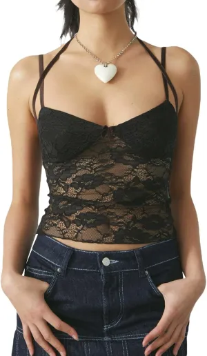 Women Y2K Lace Cami Crop Top Sleeveless Backless Spaghetti Strap Slim Tank Tops Sexy Mesh Floral Lace Camisoles