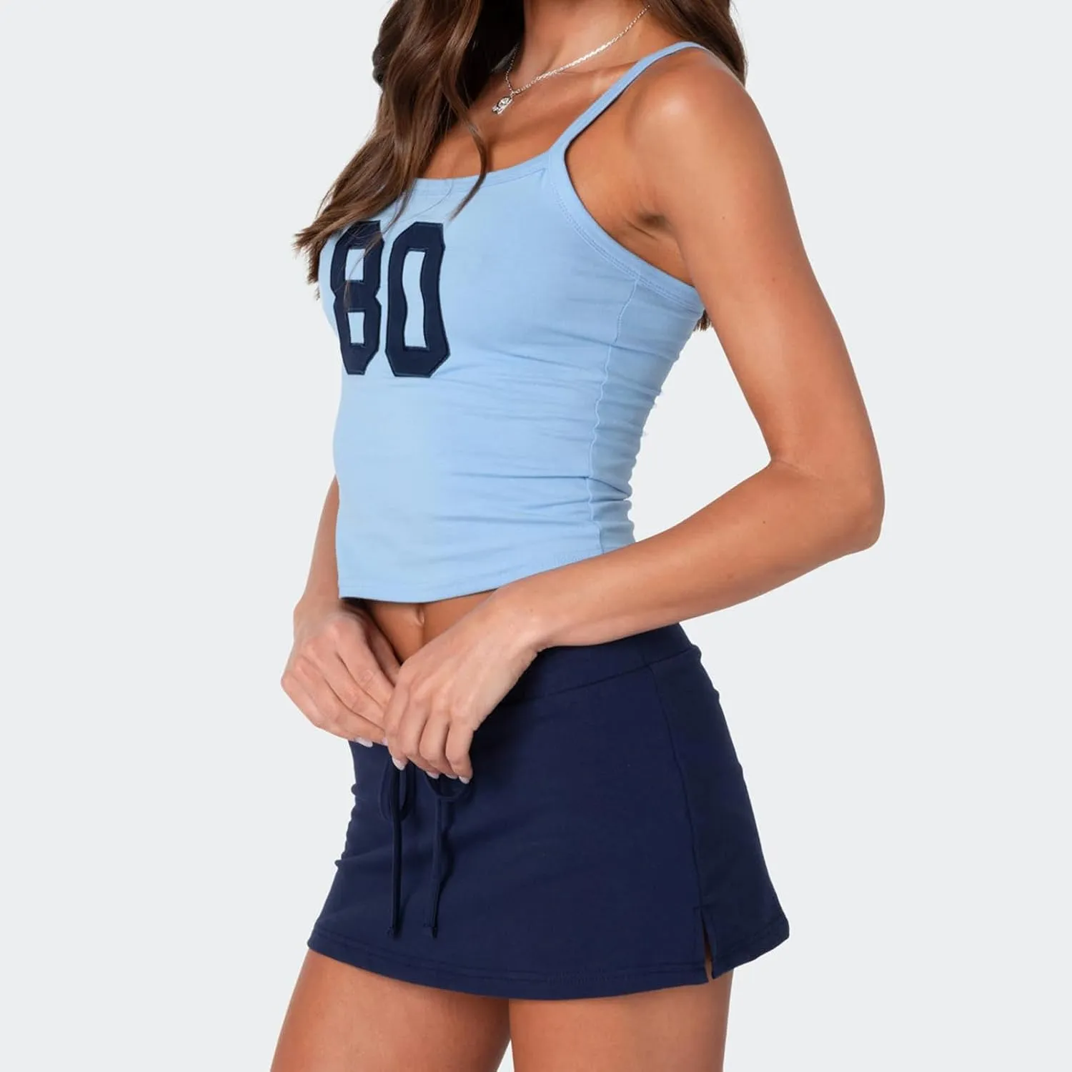 Women Y2k Number 80 Tank Tops Spaghetti Strap Jersey Shirt 90s Vintage Slim Fit Graphic Crop Top Sleeveless Basic Cami