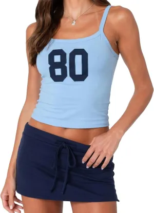Women Y2k Number 80 Tank Tops Spaghetti Strap Jersey Shirt 90s Vintage Slim Fit Graphic Crop Top Sleeveless Basic Cami