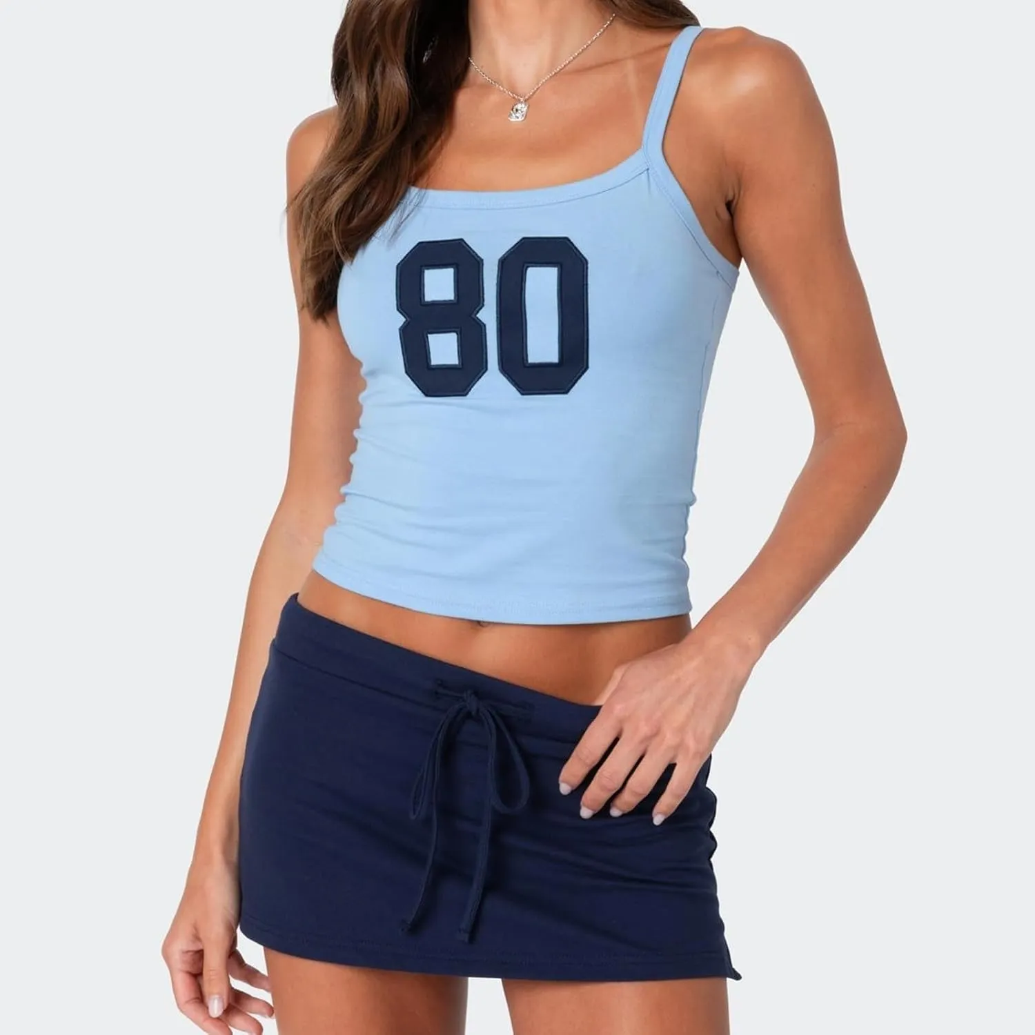 Women Y2k Number 80 Tank Tops Spaghetti Strap Jersey Shirt 90s Vintage Slim Fit Graphic Crop Top Sleeveless Basic Cami
