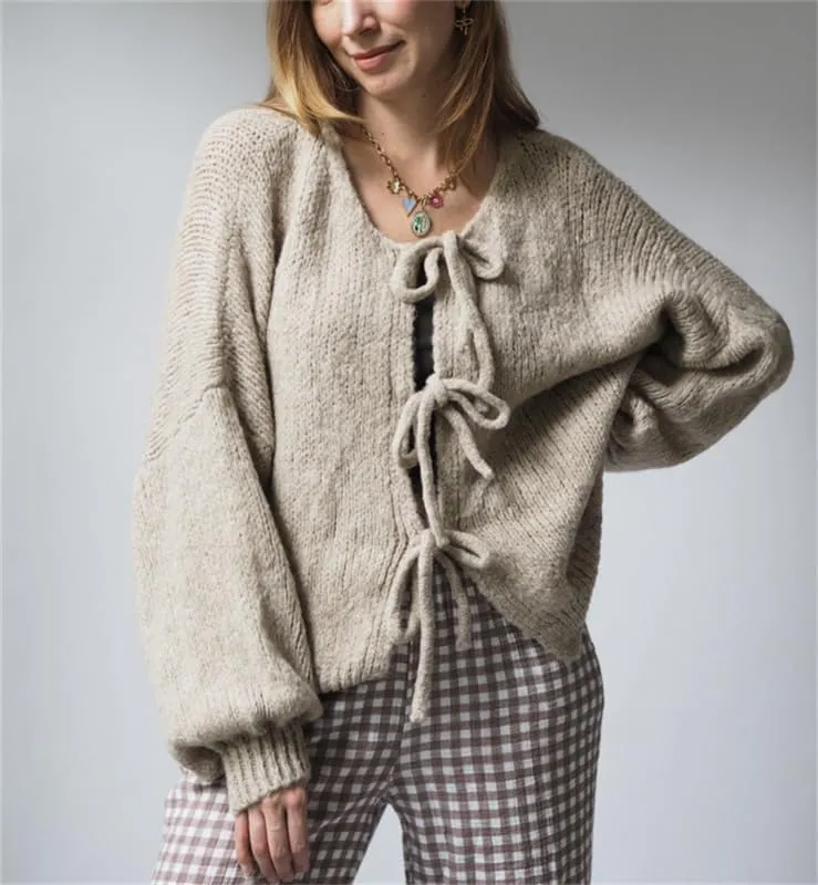 Women Y2k Tie Front Knitted Cardigan Sweater Long Sleeve Open Front Oversized Cardigan Knitwear Tops Streetwear