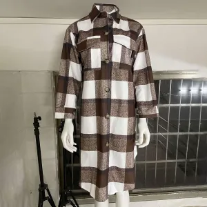 Womens 2023 Fall Flannel Shacket Jacket Brushed Plaid Shirts Outerwear Casual Lapel Button Down Tartan Trench Coat