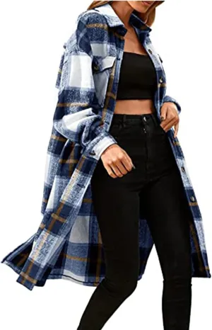 Womens 2023 Fall Flannel Shacket Jacket Brushed Plaid Shirts Outerwear Casual Lapel Button Down Tartan Trench Coat