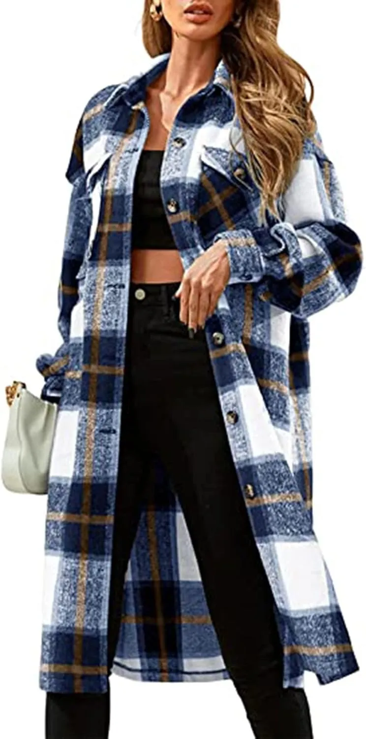 Womens 2023 Fall Flannel Shacket Jacket Brushed Plaid Shirts Outerwear Casual Lapel Button Down Tartan Trench Coat