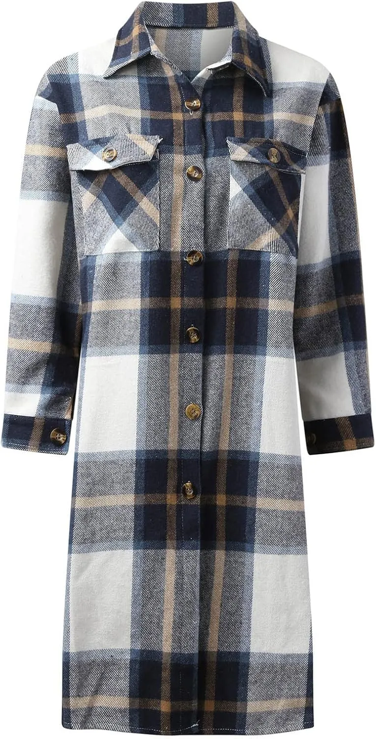 Womens 2023 Fall Flannel Shacket Jacket Brushed Plaid Shirts Outerwear Casual Lapel Button Down Tartan Trench Coat