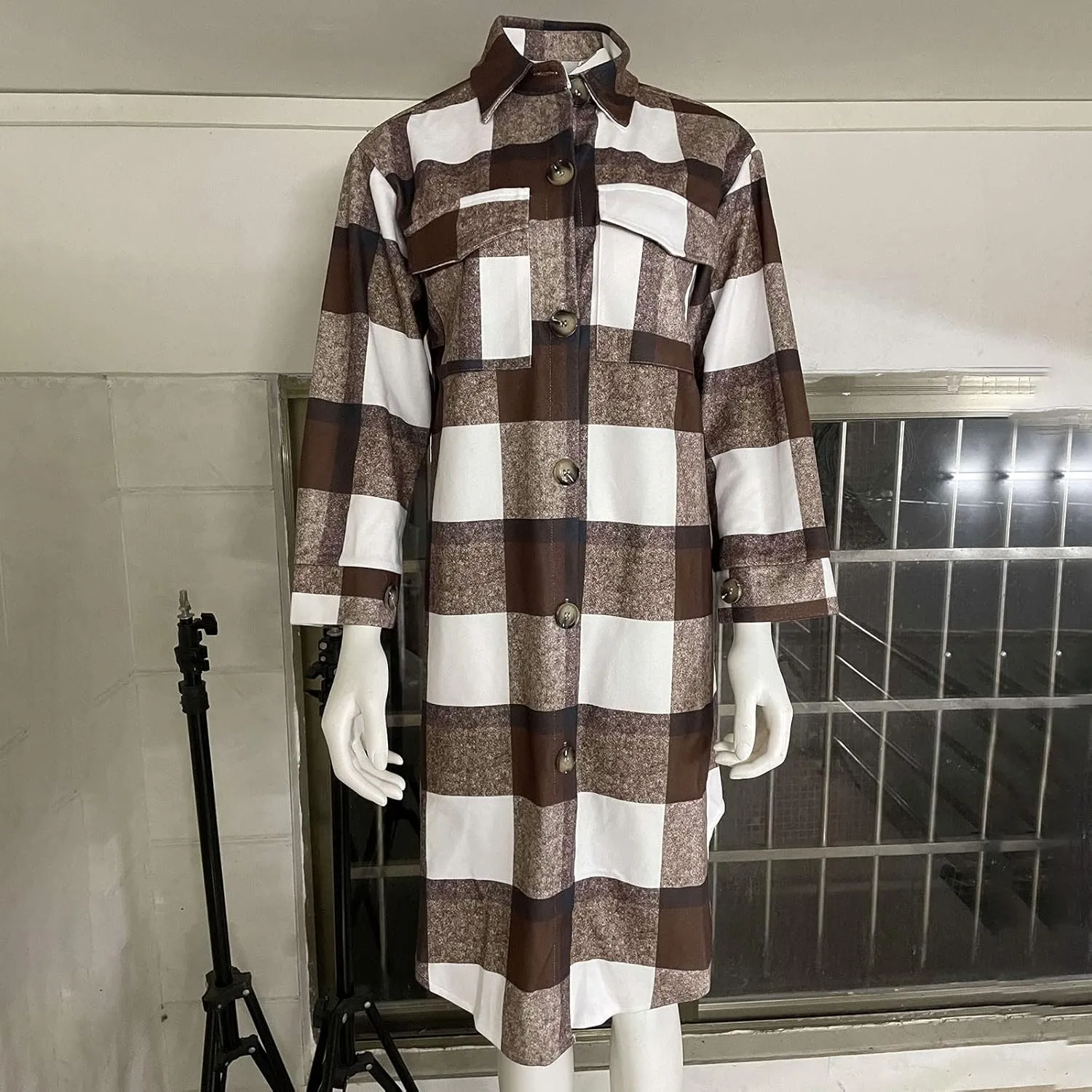 Womens 2023 Fall Flannel Shacket Jacket Brushed Plaid Shirts Outerwear Casual Lapel Button Down Tartan Trench Coat