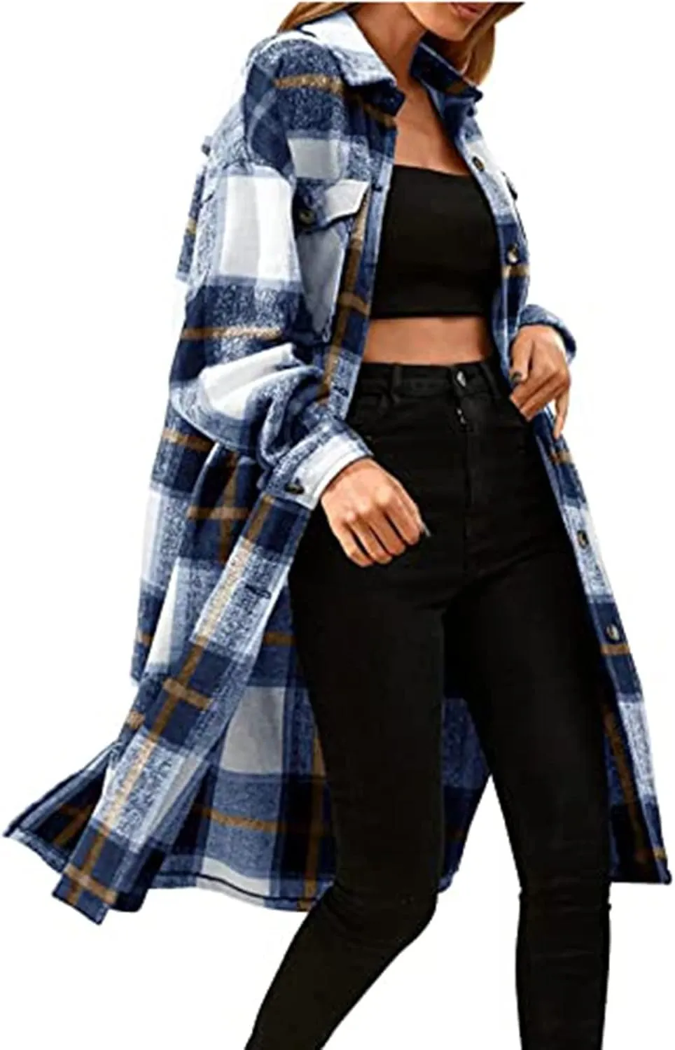 Womens 2023 Fall Flannel Shacket Jacket Brushed Plaid Shirts Outerwear Casual Lapel Button Down Tartan Trench Coat