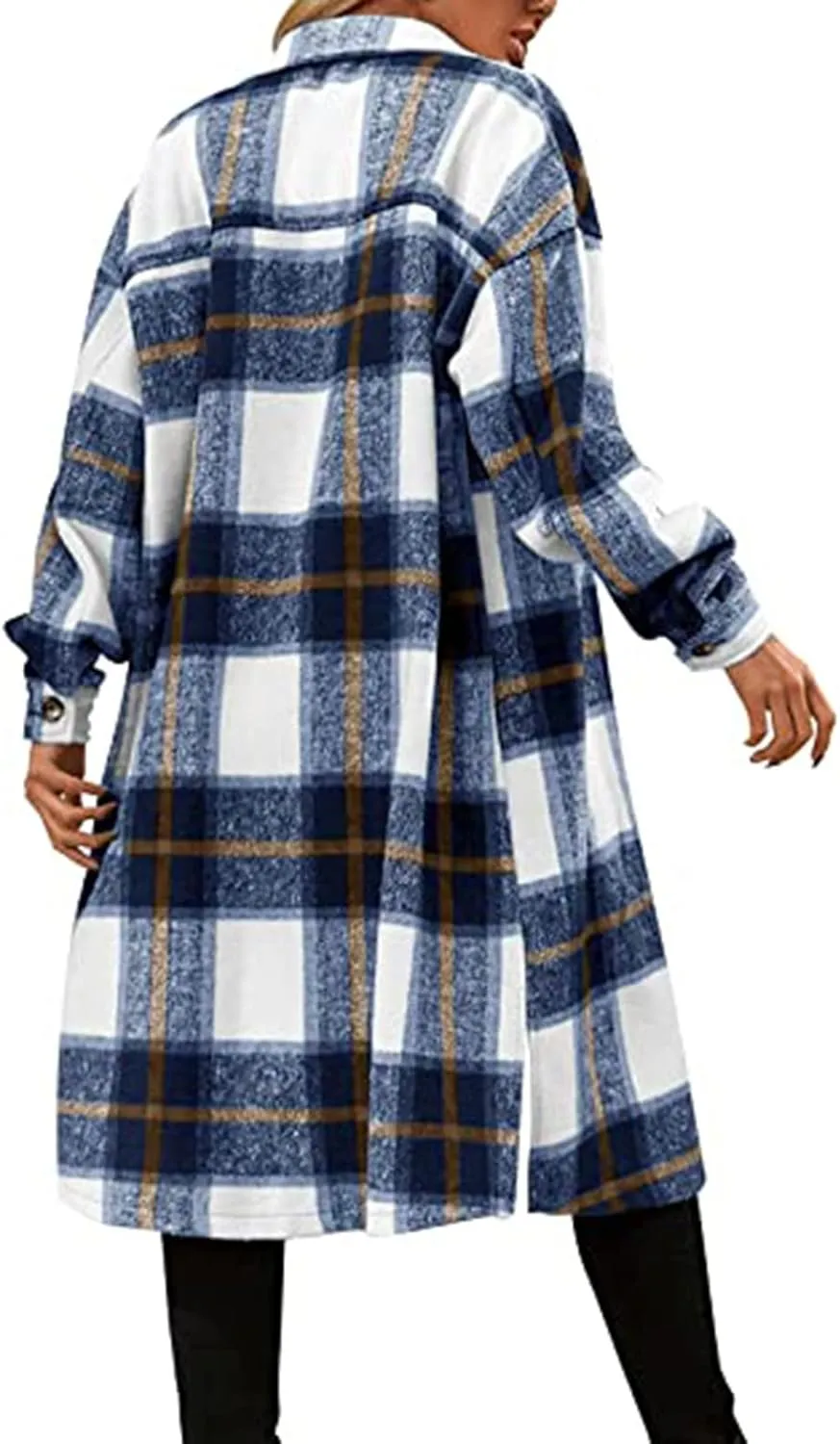 Womens 2023 Fall Flannel Shacket Jacket Brushed Plaid Shirts Outerwear Casual Lapel Button Down Tartan Trench Coat