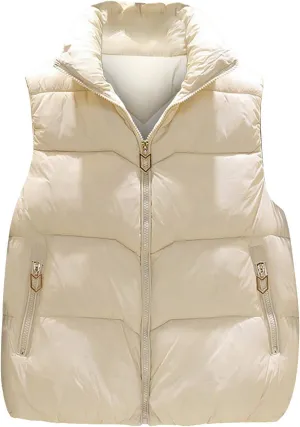 Womens 2024 Fall/Winter Puffer Vest Padded Cold Proof Quilted Jackets Full Zip Warm Down Vest with Zip Pockets