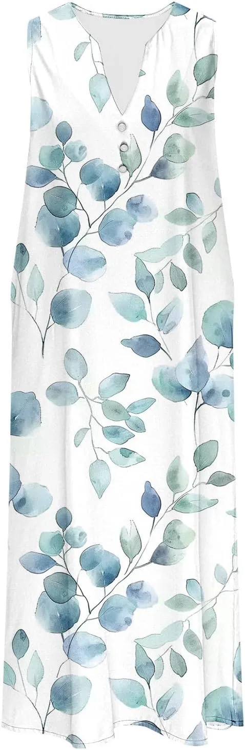 Womens 2025 Summer Trendy Floral Dress Casual V-Neck Button Sleeveless Sundresses Beach Vacation Tank Dresses