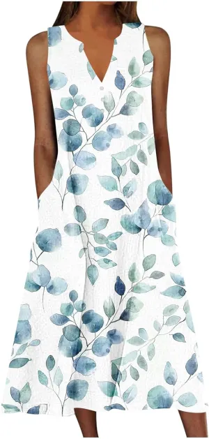 Womens 2025 Summer Trendy Floral Dress Casual V-Neck Button Sleeveless Sundresses Beach Vacation Tank Dresses
