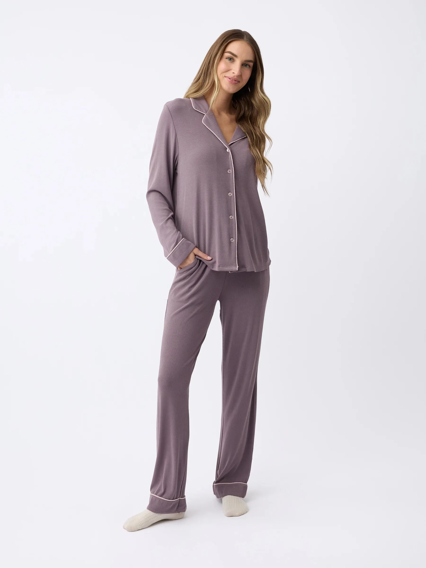 Women's Bamboo Rib-Knit Classic Long Sleeve Pajama Top