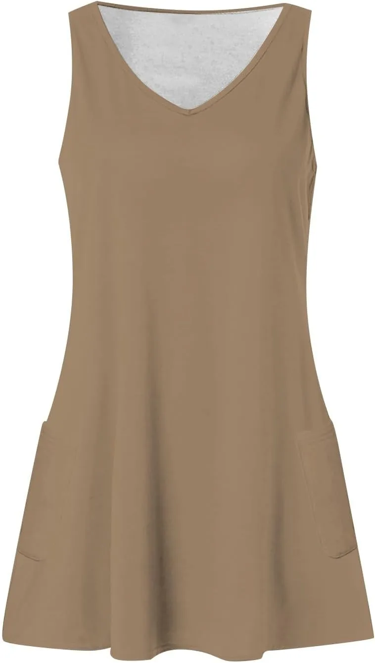 Women's Beach Cover Up Tank Dress Casual Vacation V Neck Summer Dresses with Pockets Loose Sleeveless Tank Dresses