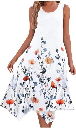 Women's Beach Sleeveless Midi Dress Summer Casual Tank Dresses Floral Print Loose A-Line Tank Sundress with Pockets