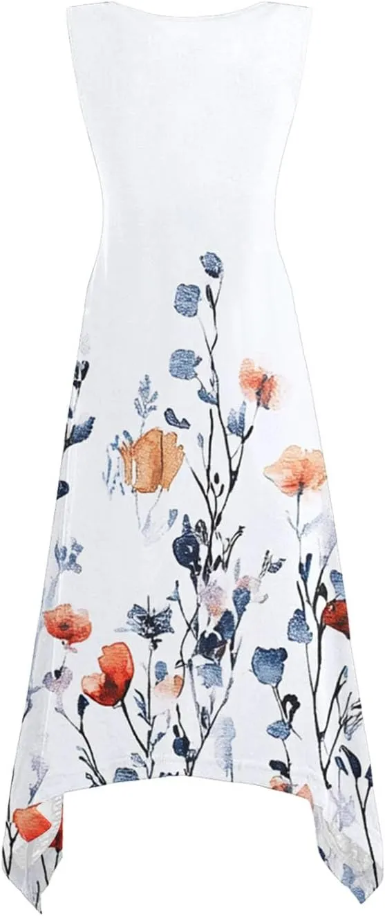 Women's Beach Sleeveless Midi Dress Summer Casual Tank Dresses Floral Print Loose A-Line Tank Sundress with Pockets