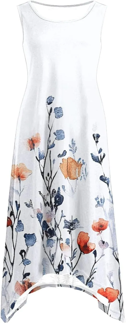 Women's Beach Sleeveless Midi Dress Summer Casual Tank Dresses Floral Print Loose A-Line Tank Sundress with Pockets