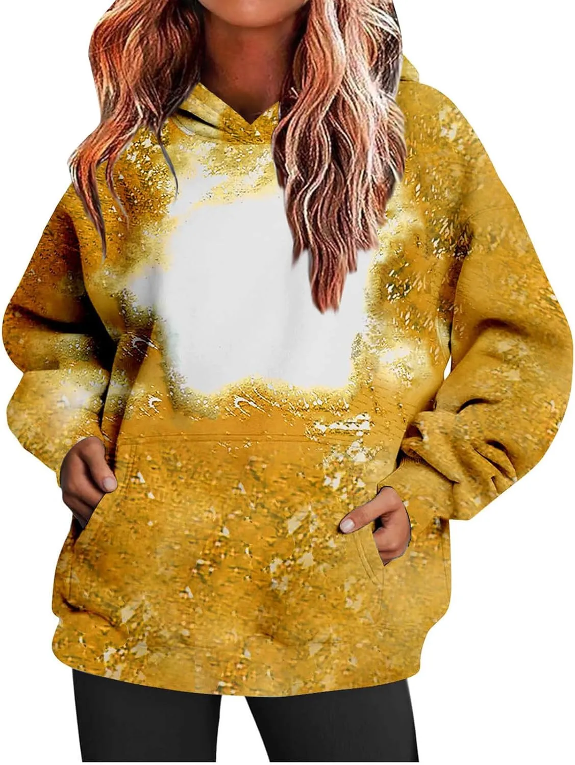 Womens Bleached Blank Print Hoodies Long Sleeve Casual 2024 Fall Oversized Pullover Tops Sweatshirt with Pockets