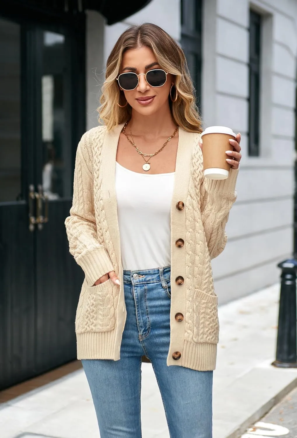 Womens Cardigan Sweaters Cable Knit Sweater 2025 Fall Winter Chunky Open Front Button Down Coats with Pockets