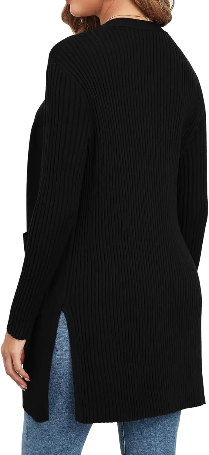 Women's Cardigan Sweaters V-Neck Long Sleeves with Two Pockets Side Split Hem Open Front Knit Casual Cardigan