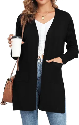 Women's Cardigan Sweaters V-Neck Long Sleeves with Two Pockets Side Split Hem Open Front Knit Casual Cardigan