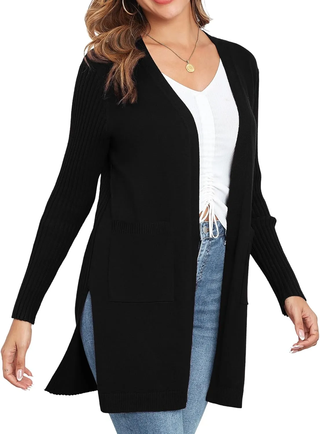 Women's Cardigan Sweaters V-Neck Long Sleeves with Two Pockets Side Split Hem Open Front Knit Casual Cardigan