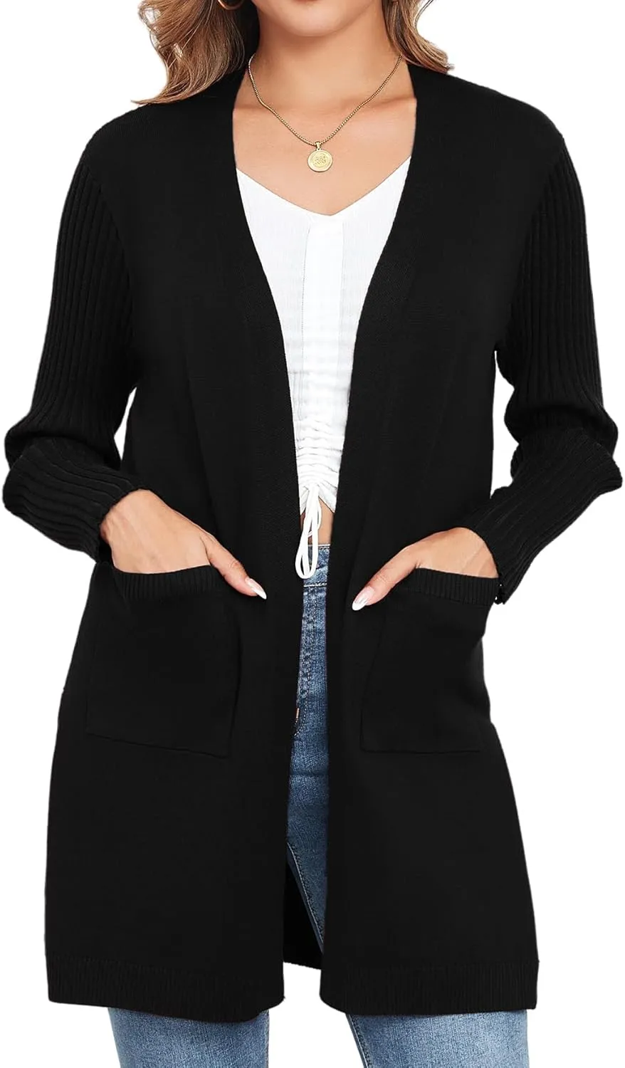 Women's Cardigan Sweaters V-Neck Long Sleeves with Two Pockets Side Split Hem Open Front Knit Casual Cardigan