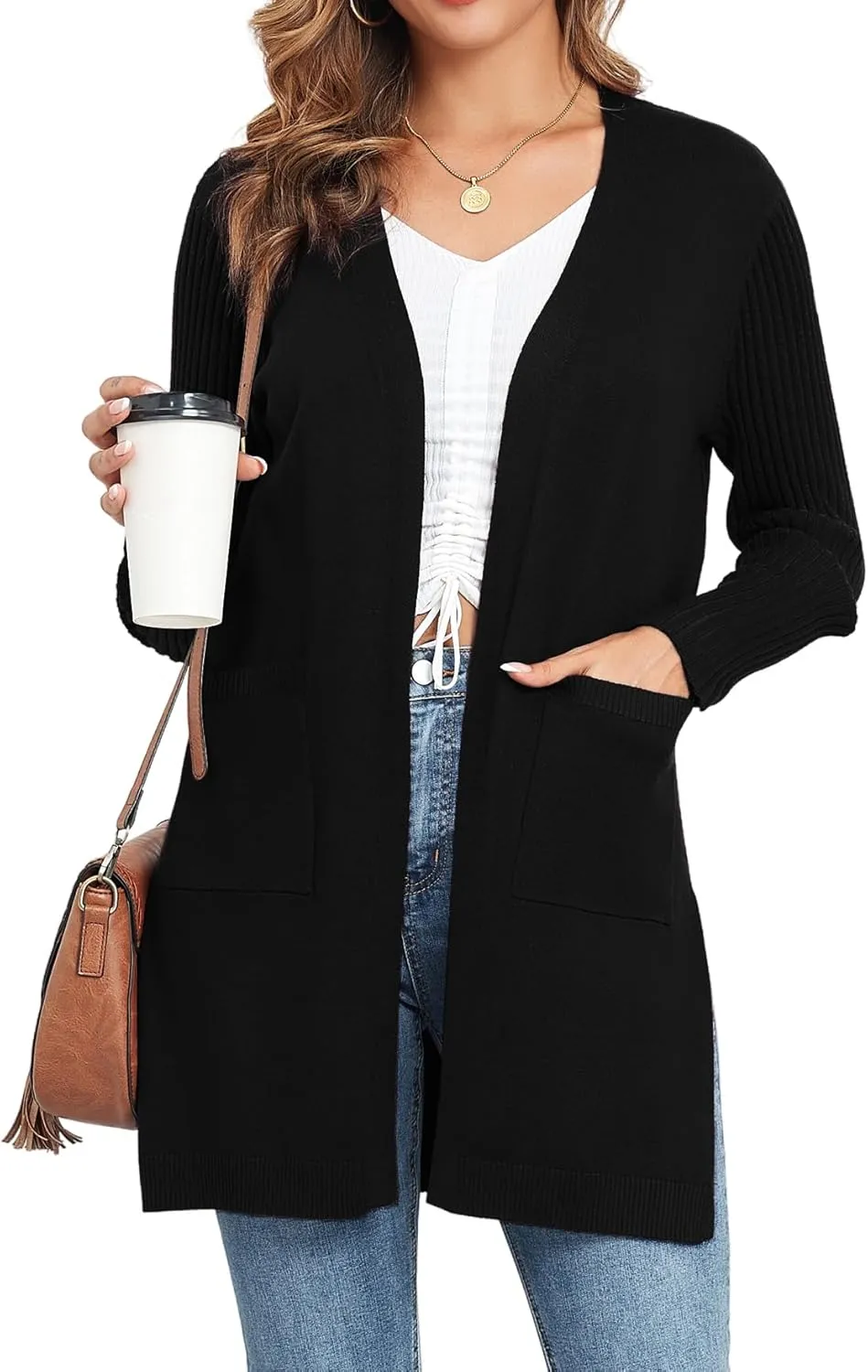 Women's Cardigan Sweaters V-Neck Long Sleeves with Two Pockets Side Split Hem Open Front Knit Casual Cardigan