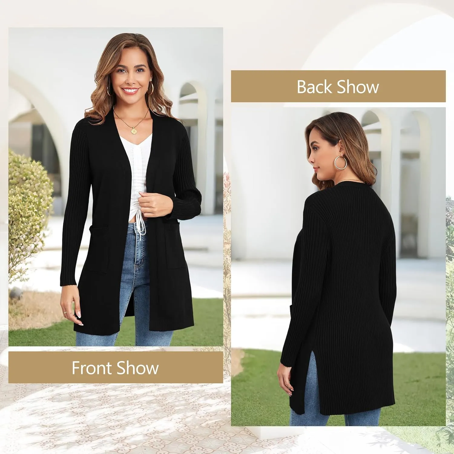 Women's Cardigan Sweaters V-Neck Long Sleeves with Two Pockets Side Split Hem Open Front Knit Casual Cardigan