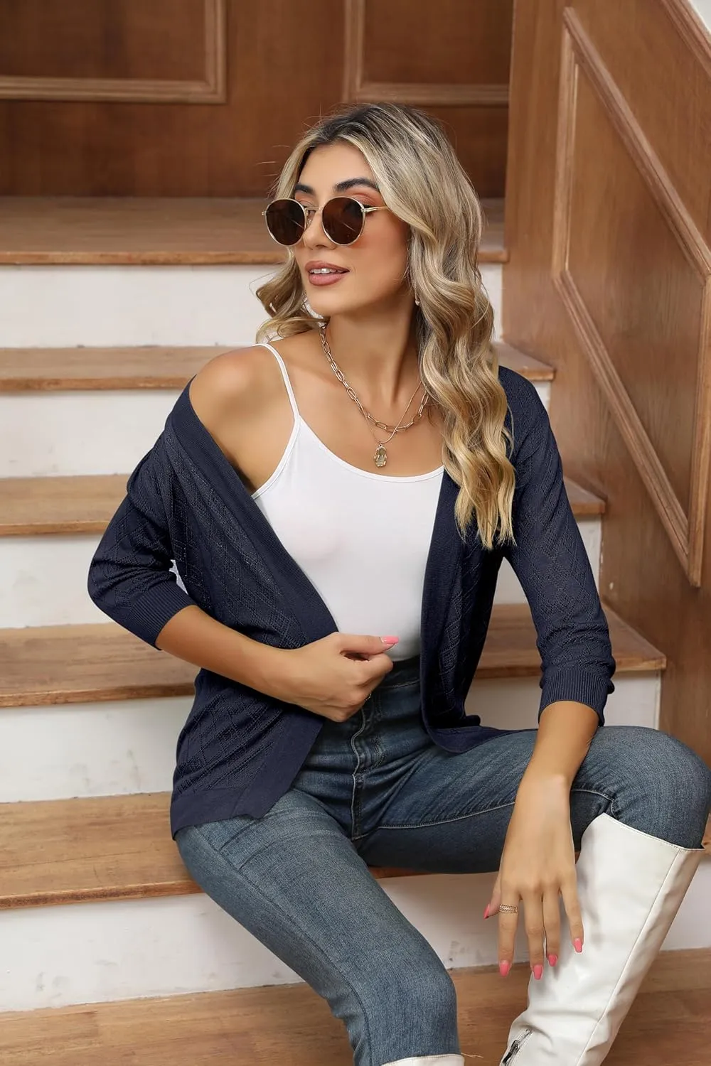 Women's Cardigans 3/4 Sleeve Open Front Lightweight Cropped Cardigan Sweater Hollow Out Knit Shrugs for Dresses