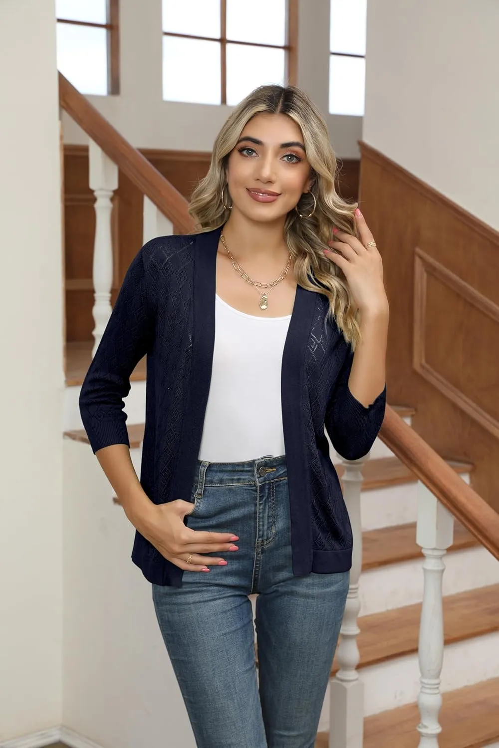 Women's Cardigans 3/4 Sleeve Open Front Lightweight Cropped Cardigan Sweater Hollow Out Knit Shrugs for Dresses